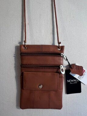 NWT NEWAGE tan genuine leather mini crossbody bag travel organizer neck pouch